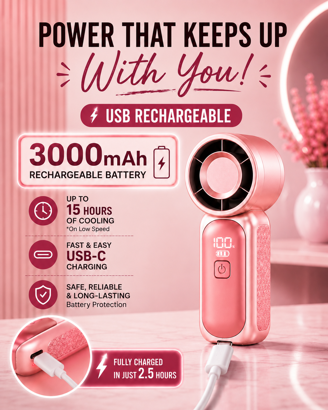 Portable Pocket Fan 2.0 (Blush Rose)